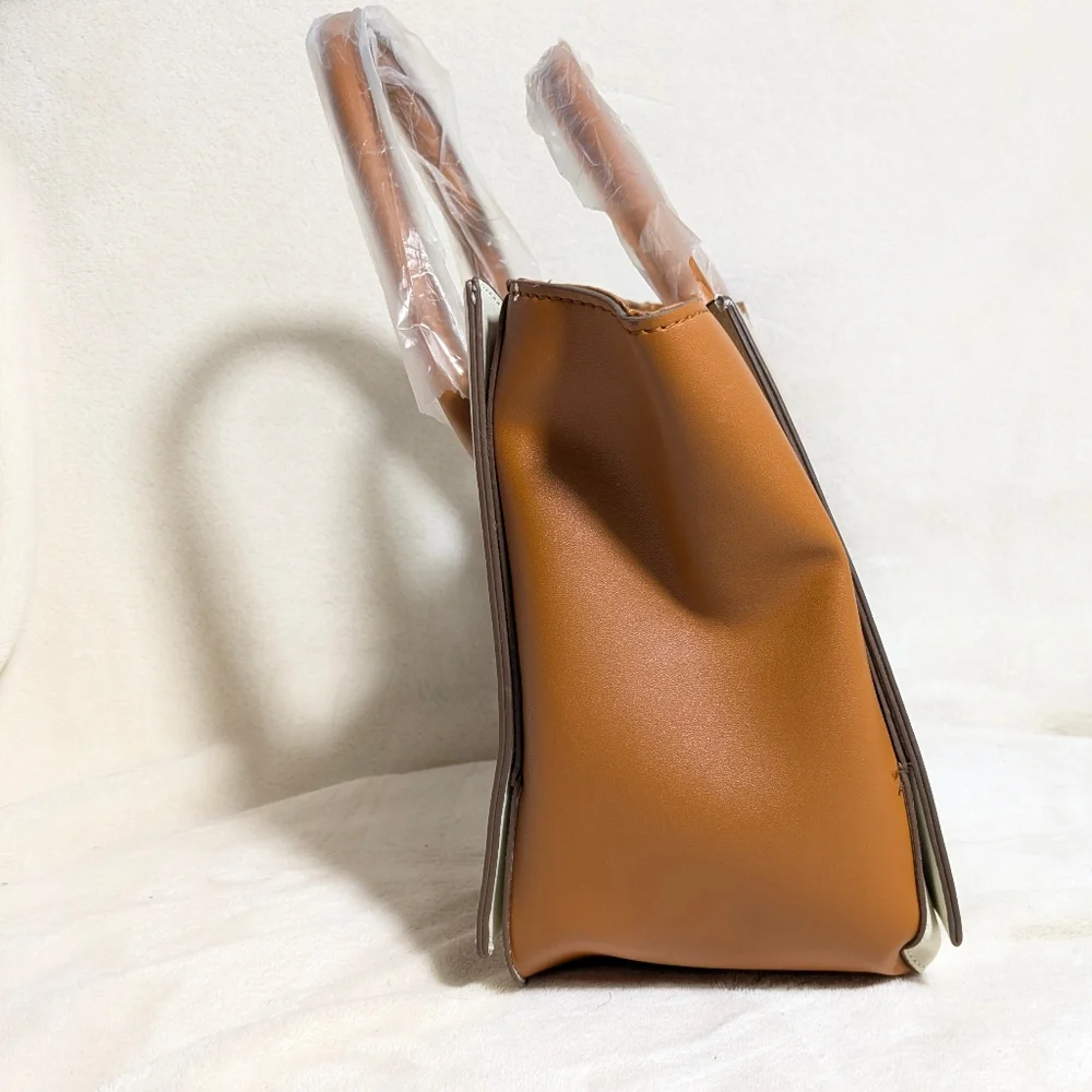 NWOT Loulu‎ Cream Brown Purse Tote Vegan Leather Detachable Crossbody Strap
